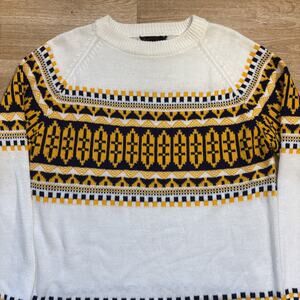 Vintage 70s 80s Sigallo Acrylic Fair Isle Knit Sweater Gold White XL